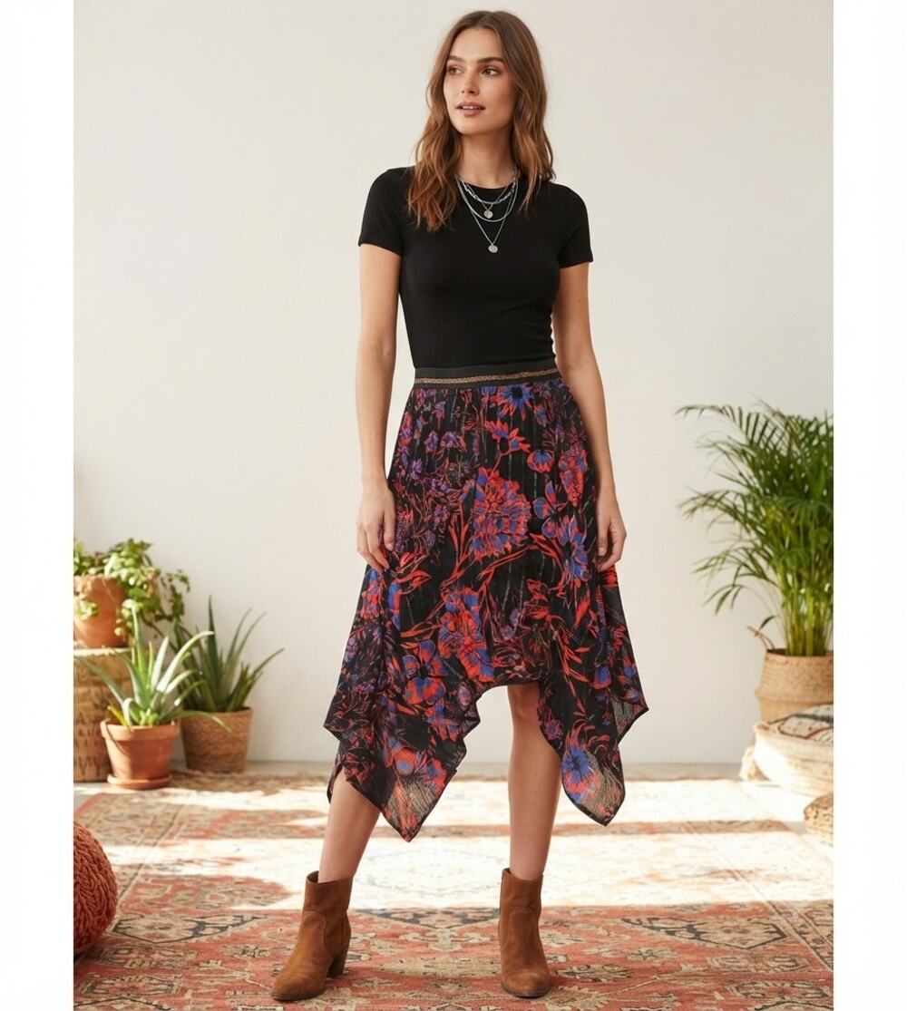 Desigual Handkerchief Floral Skirt Asymmetric Boho Metallic Lurex Navy Red L